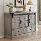 4 Drawer Dresser for Bedroom, 45 in Wood Dressers With Sliding Barn Doors, TV Stand With Large Drawers & Bar Handles, for Closet, Living Room