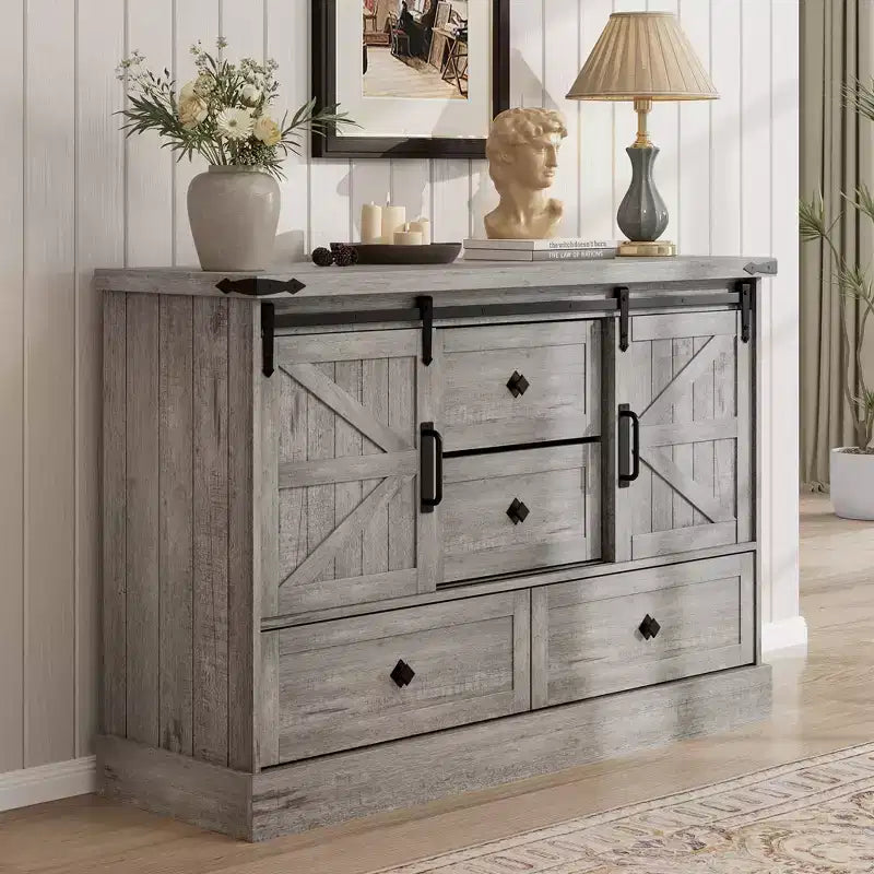 4 Drawer Dresser for Bedroom, 45 in Wood Dressers With Sliding Barn Doors, TV Stand With Large Drawers & Bar Handles, for Closet, Living Room