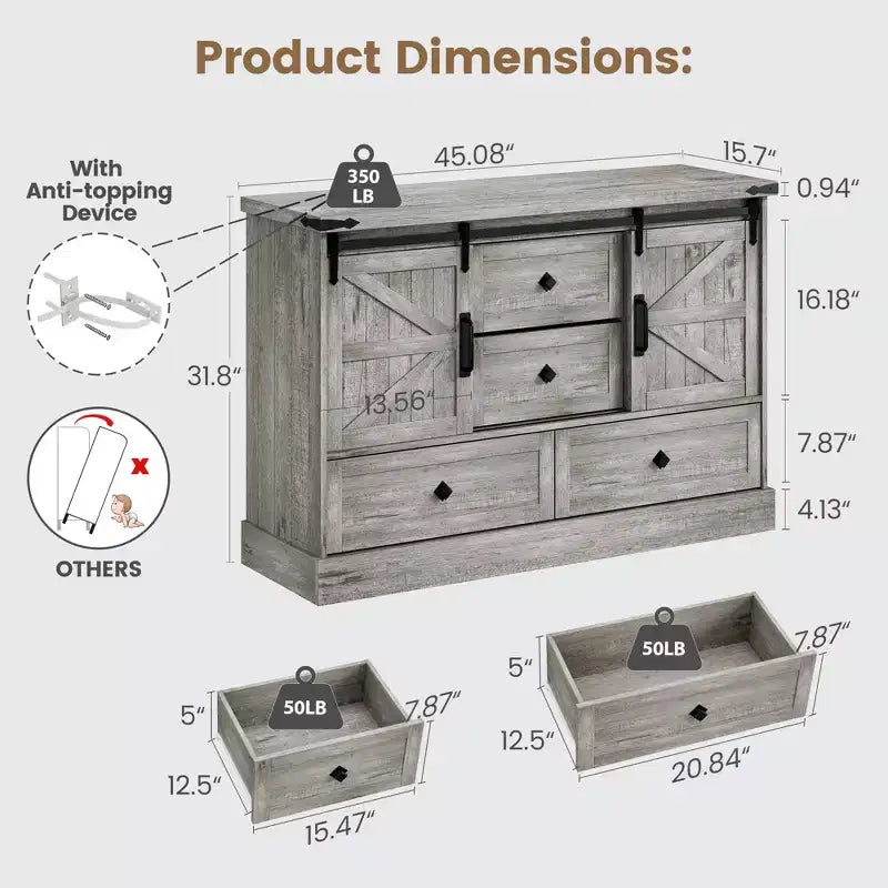 Comò a 4 cassetti per camera da letto, cassettiera in legno da 45 pollici con ante scorrevoli a fienile, mobile porta TV con cassetti grandi e maniglie a barra, per armadio, soggiorno