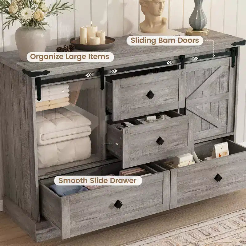 Comò a 4 cassetti per camera da letto, cassettiera in legno da 45 pollici con ante scorrevoli a fienile, mobile porta TV con cassetti grandi e maniglie a barra, per armadio, soggiorno