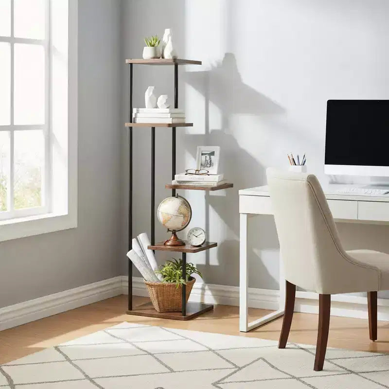 Homy Casa 5-Tier Plant Stand with Rustic Brown Shelves and Black Metal Frame, Corner Display Rack