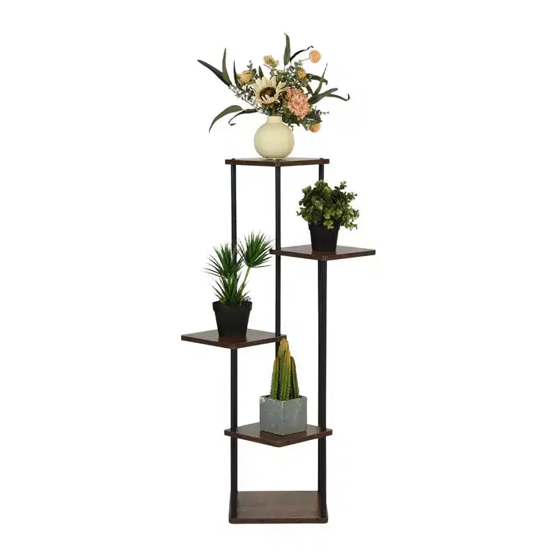 Homy Casa Étagère à plantes à 5 niveaux avec étagères marron rustique et cadre en métal noir, support d'angle