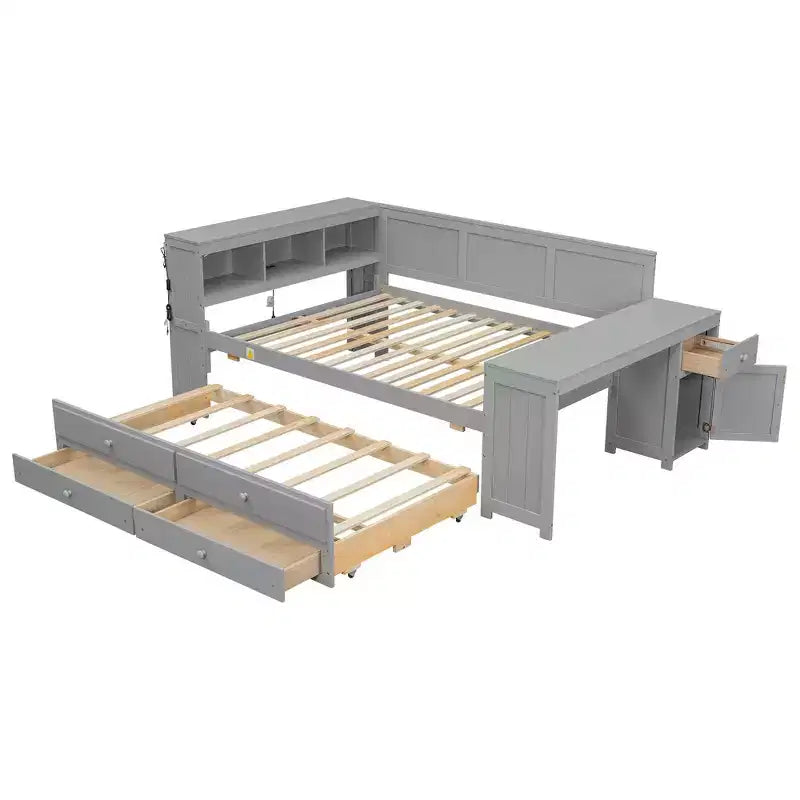 Lit de repos et plateforme Whisen pleine taille avec étagères de rangement, tiroirs, lit gigogne, bureau et armoire
