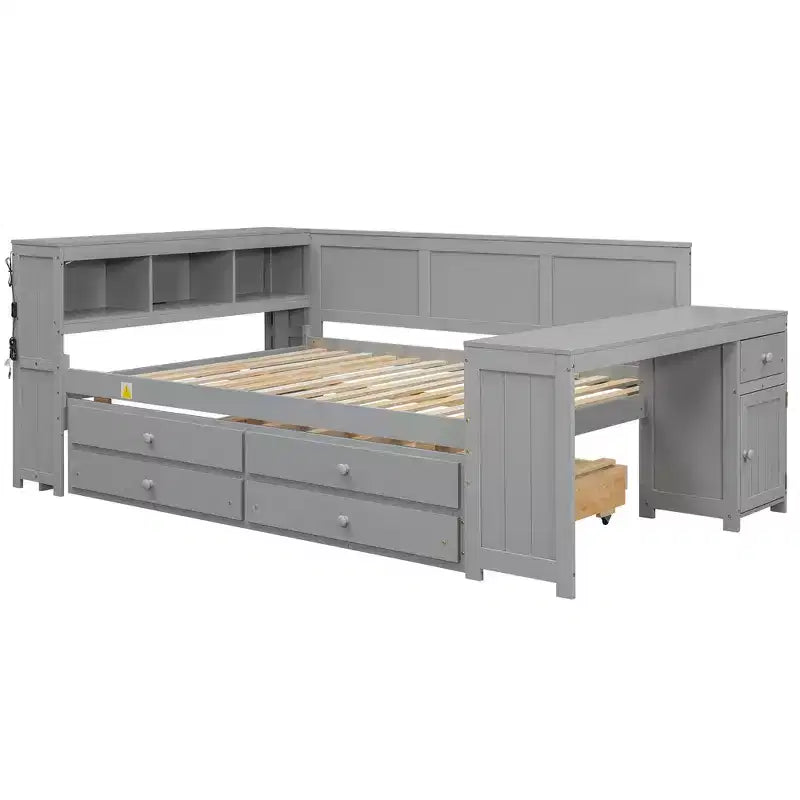 Lit de repos et plateforme Whisen pleine taille avec étagères de rangement, tiroirs, lit gigogne, bureau et armoire