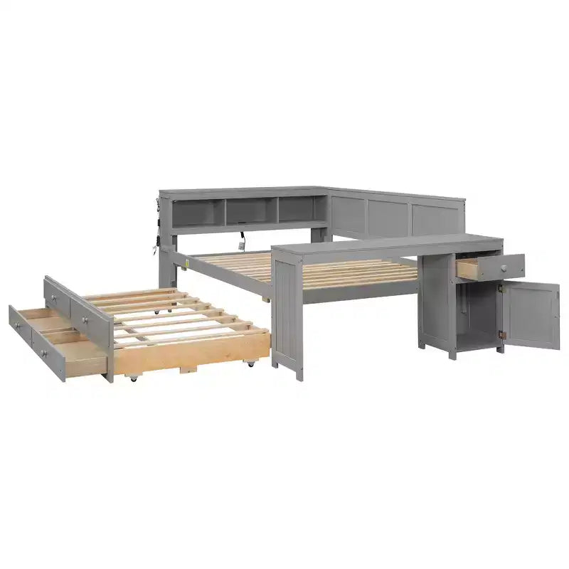 Lit de repos et plateforme Whisen pleine taille avec étagères de rangement, tiroirs, lit gigogne, bureau et armoire