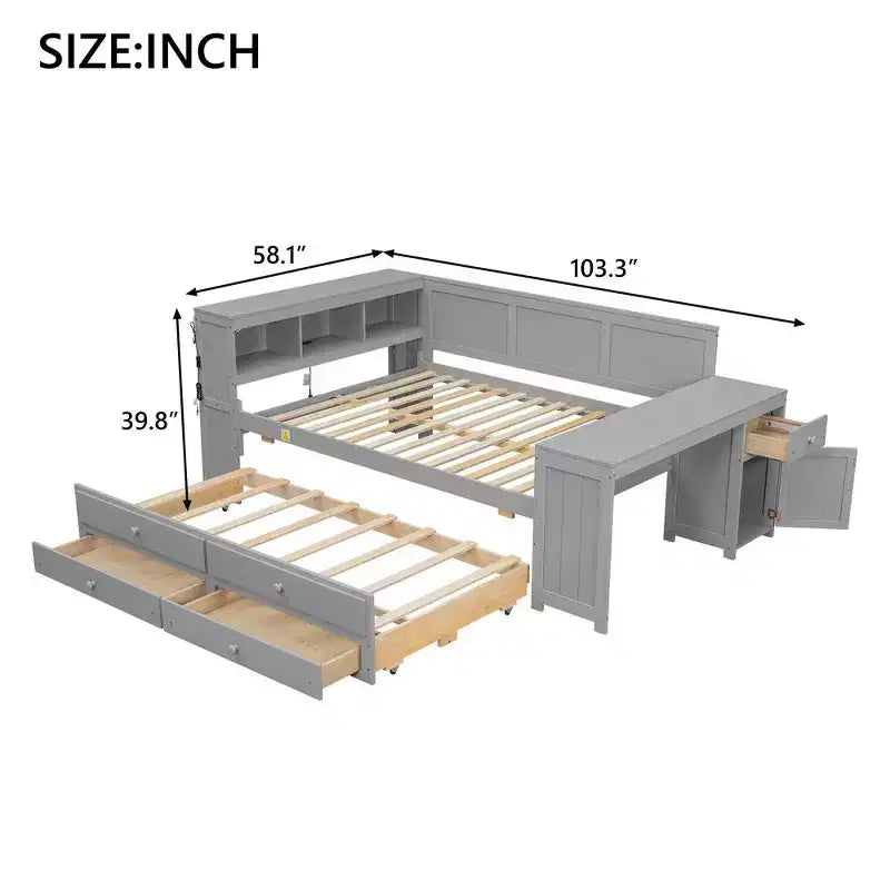 Lit de repos et plateforme Whisen pleine taille avec étagères de rangement, tiroirs, lit gigogne, bureau et armoire