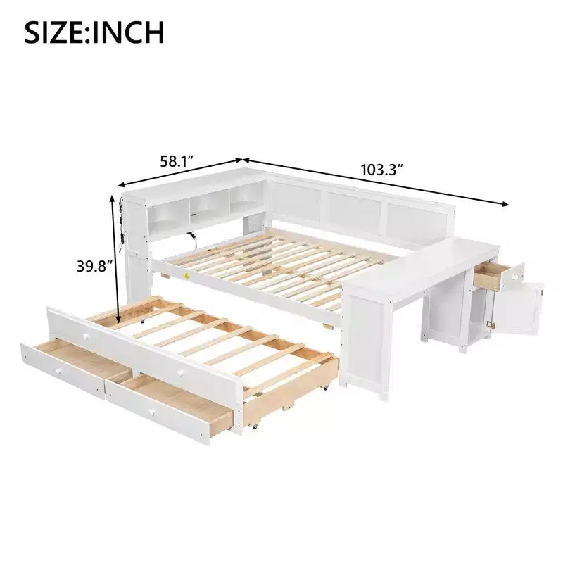 Lit de repos et plateforme Whisen pleine taille avec étagères de rangement, tiroirs, lit gigogne, bureau et armoire