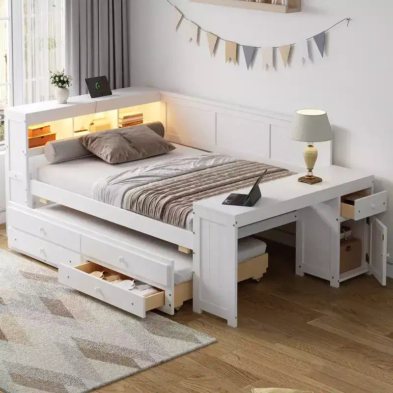 Lit de repos et plateforme Whisen pleine taille avec étagères de rangement, tiroirs, lit gigogne, bureau et armoire