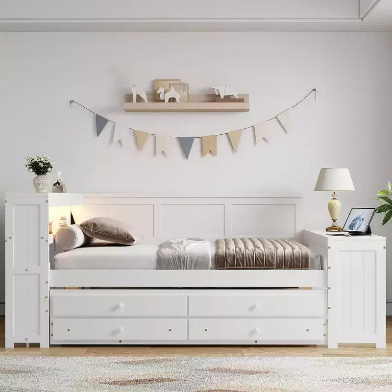 Lit de repos et plateforme Whisen pleine taille avec étagères de rangement, tiroirs, lit gigogne, bureau et armoire