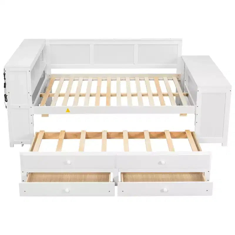 Lit de repos et plateforme Whisen pleine taille avec étagères de rangement, tiroirs, lit gigogne, bureau et armoire