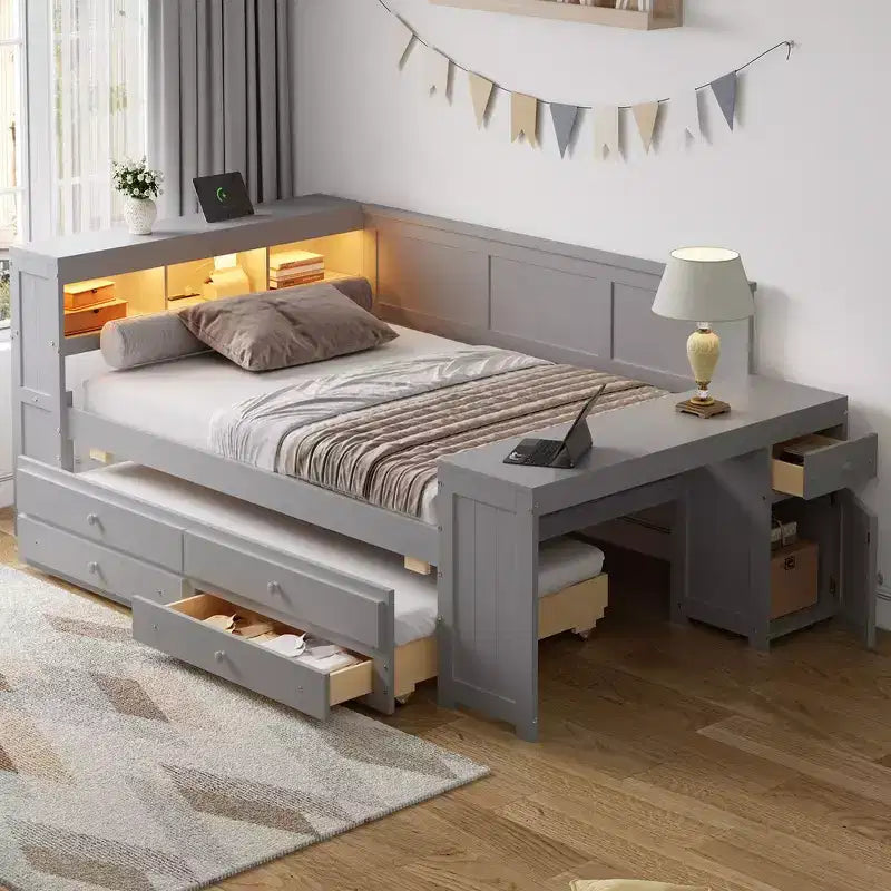 Lit de repos et plateforme Whisen pleine taille avec étagères de rangement, tiroirs, lit gigogne, bureau et armoire