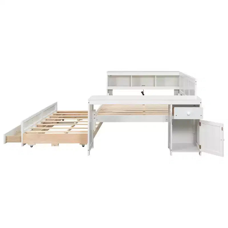 Lit de repos et plateforme Whisen pleine taille avec étagères de rangement, tiroirs, lit gigogne, bureau et armoire