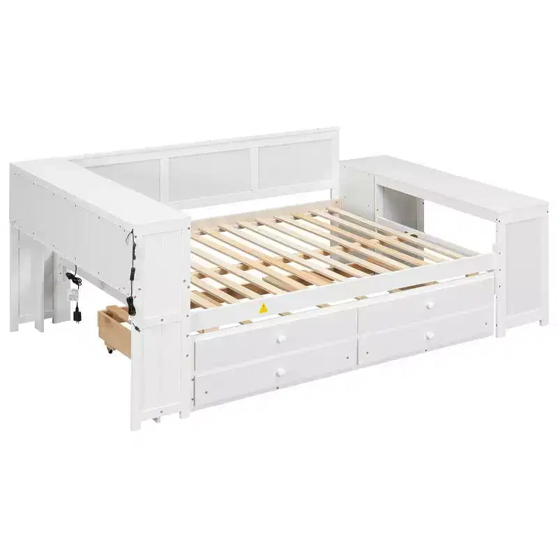 Lit de repos et plateforme Whisen pleine taille avec étagères de rangement, tiroirs, lit gigogne, bureau et armoire