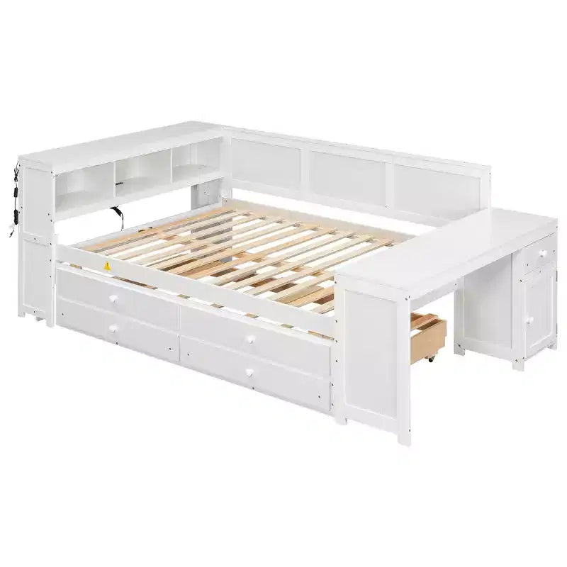Lit de repos et plateforme Whisen pleine taille avec étagères de rangement, tiroirs, lit gigogne, bureau et armoire