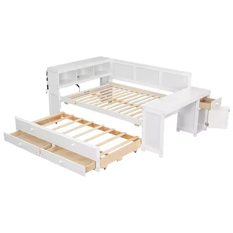 Lit de repos et plateforme Whisen pleine taille avec étagères de rangement, tiroirs, lit gigogne, bureau et armoire