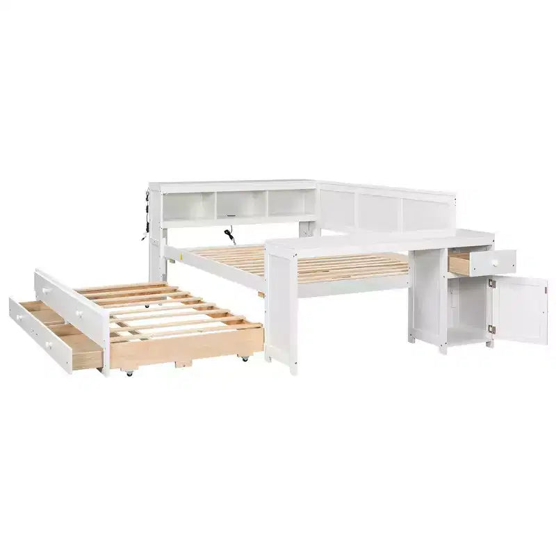 Lit de repos et plateforme Whisen pleine taille avec étagères de rangement, tiroirs, lit gigogne, bureau et armoire