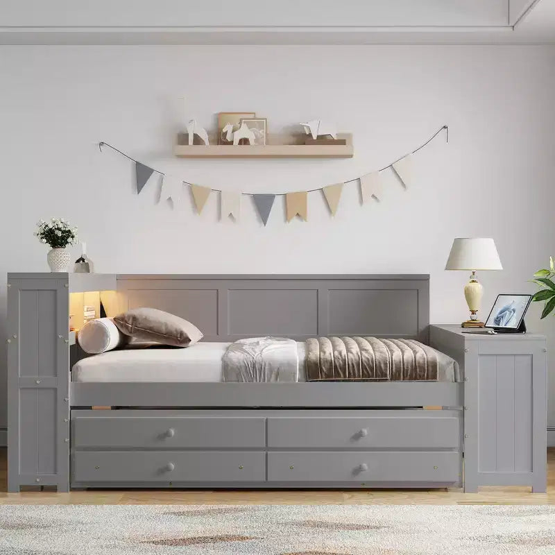 Lit de repos et plateforme Whisen pleine taille avec étagères de rangement, tiroirs, lit gigogne, bureau et armoire