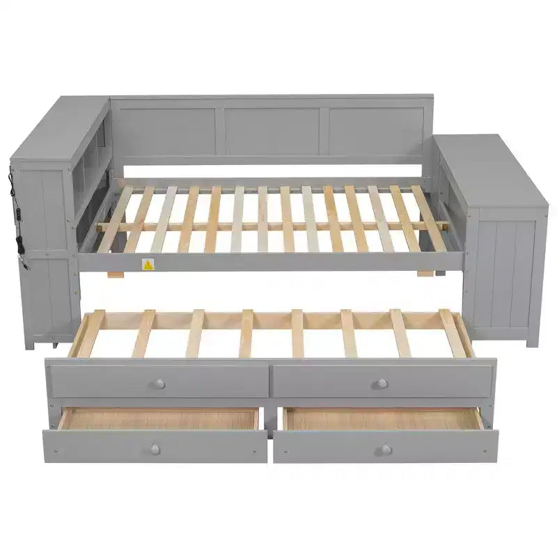 Lit de repos et plateforme Whisen pleine taille avec étagères de rangement, tiroirs, lit gigogne, bureau et armoire