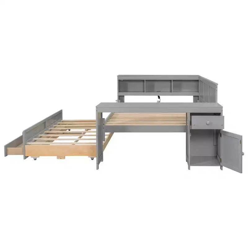 Lit de repos et plateforme Whisen pleine taille avec étagères de rangement, tiroirs, lit gigogne, bureau et armoire