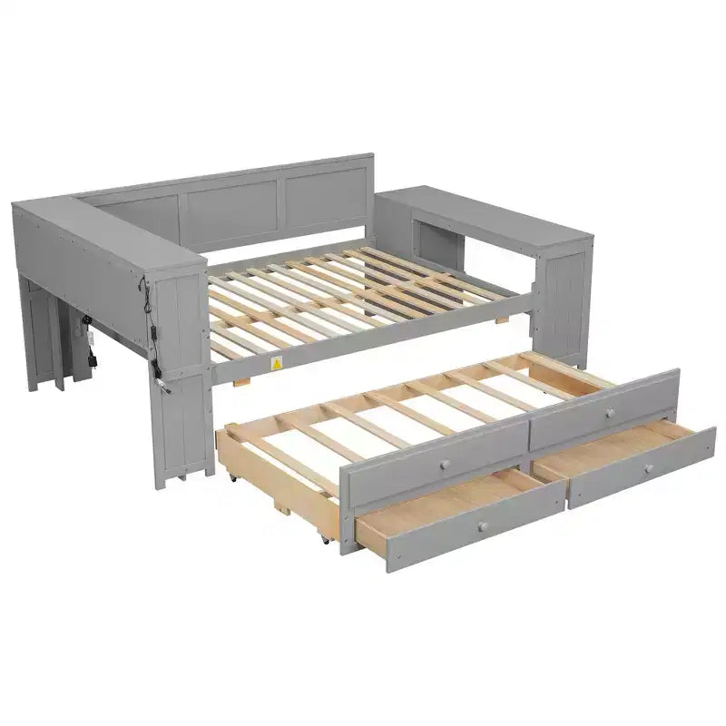 Lit de repos et plateforme Whisen pleine taille avec étagères de rangement, tiroirs, lit gigogne, bureau et armoire