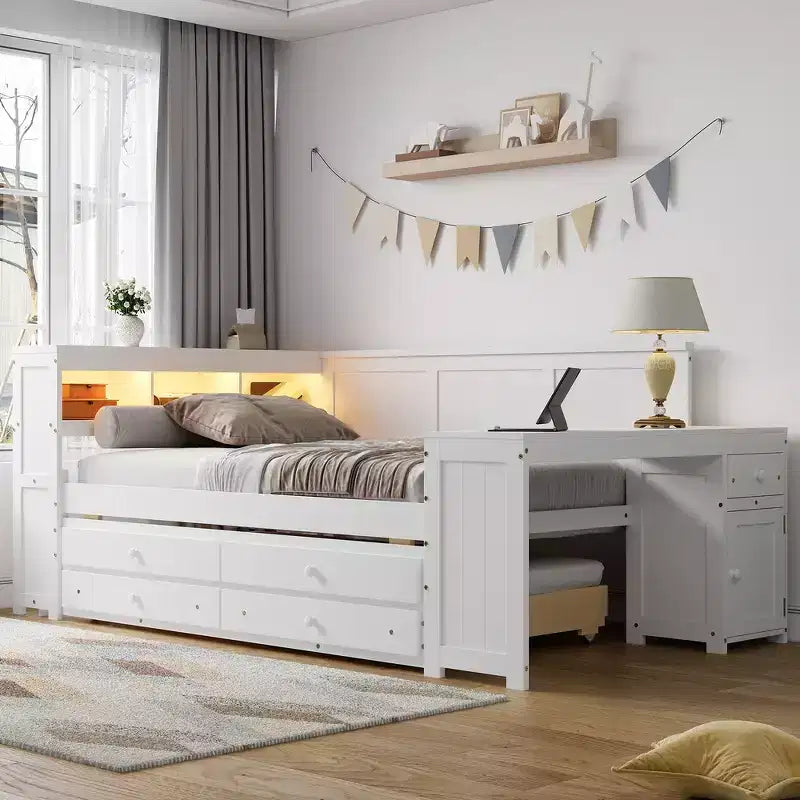Whisen Divano Letto Matrimoniale & Letto a Piattaforma con Ripiani Portaoggetti, Cassetti, Letto Estraibile, Scrivania e Mobiletto