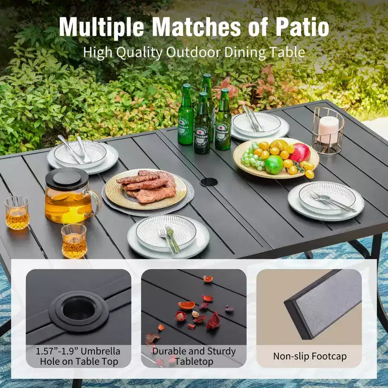 Captiva Designs Set da pranzo da 7 pezzi per esterni con tavolo in acciaio con ripiano a doghe e sedie in rattan con cuscini rimovibili