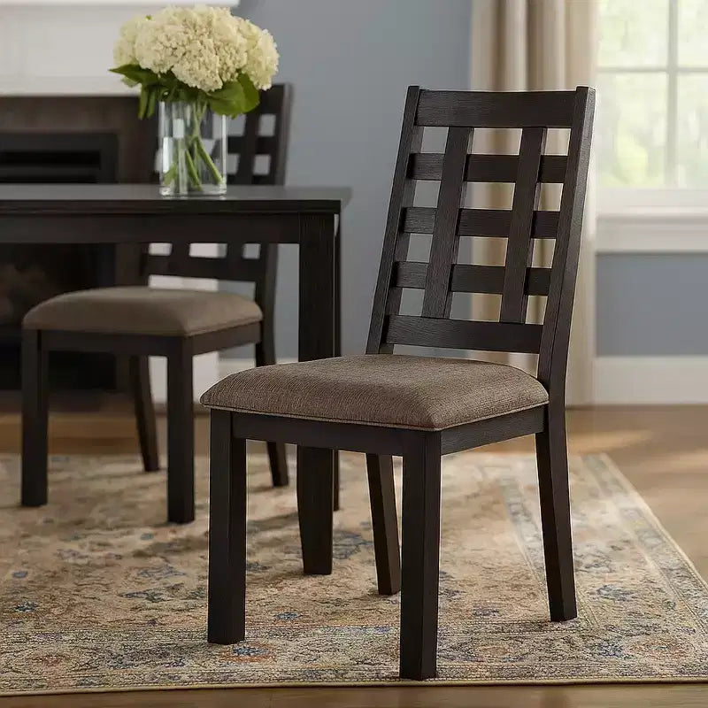 Royal Hampton Dining Chairs, Set of 2, Open Square Back, Espresso Wood, Beige Fabric