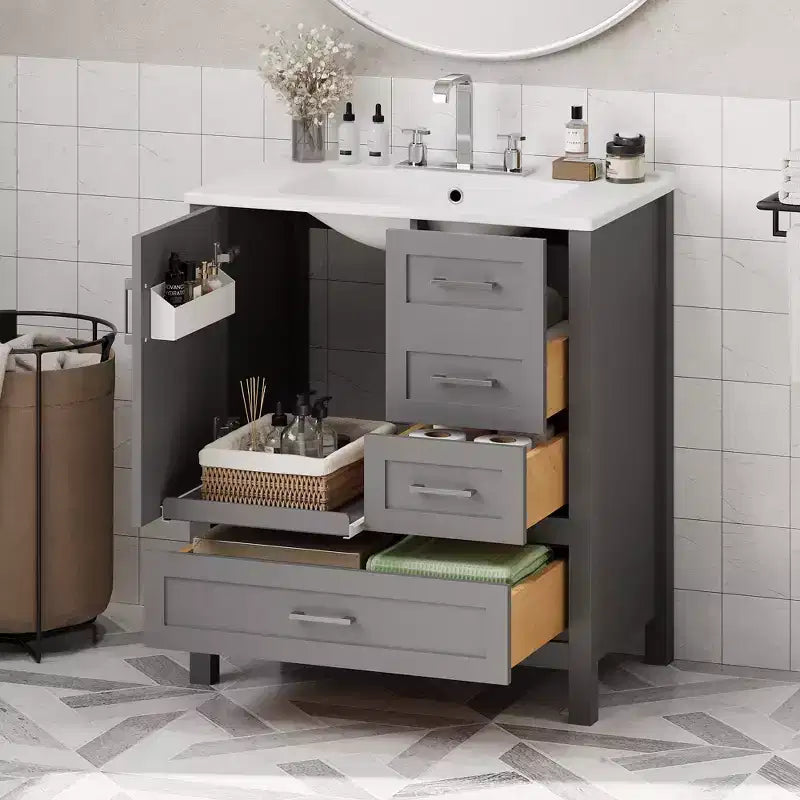 Meuble-lavabo de salle de bain avec évier combiné, meuble sous-vasque en bois avec tiroirs et portes, avec plateau amovible, cadre en bois massif, convient pour la salle de bain.