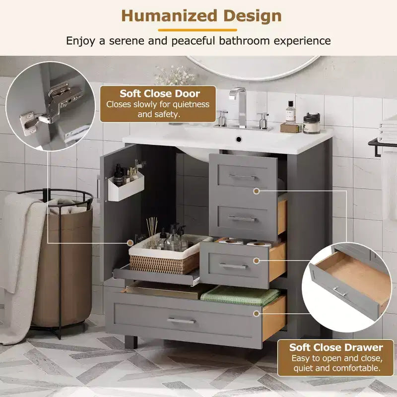 Meuble-lavabo de salle de bain avec évier combiné, meuble sous-vasque en bois avec tiroirs et portes, avec plateau amovible, cadre en bois massif, convient pour la salle de bain.