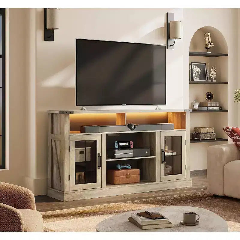 Meuble TV de ferme GALAXHERO pour téléviseur de 65 pouces, avec lumières LED, meubles de rangement et étagères réglables pour salon ou cinéma maison