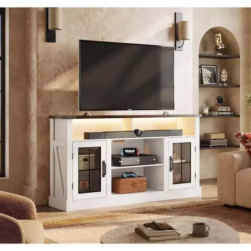 Meuble TV de ferme GALAXHERO pour téléviseur de 65 pouces, avec lumières LED, meubles de rangement et étagères réglables pour salon ou cinéma maison