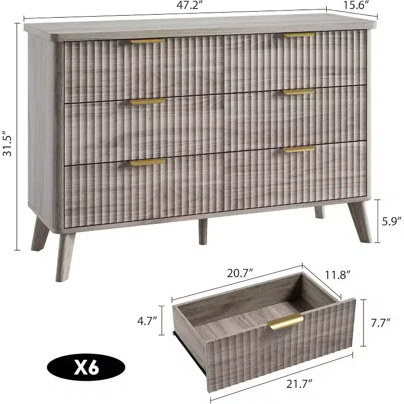 Comò scanalato per camera da letto con 6 cassetti profondi, comò moderno largo 120 cm