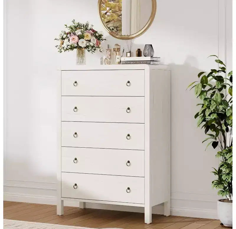 White 5 Drawer Dresser, Modern Closet Dressers Chest of Drawers, Wood Storage Dresser Chest of Drawers Clothes Organizer