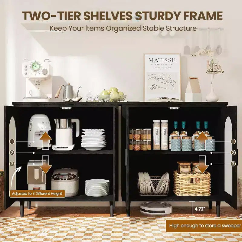 Madia credenza con contenitore, mobile credenza con 2 ante e ripiani regolabili, (2 pz.)