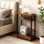 Table d'appoint industrielle à 3 niveaux pour petits espaces, table d'appoint étroite en bois avec étagères de rangement, table de chevet fine