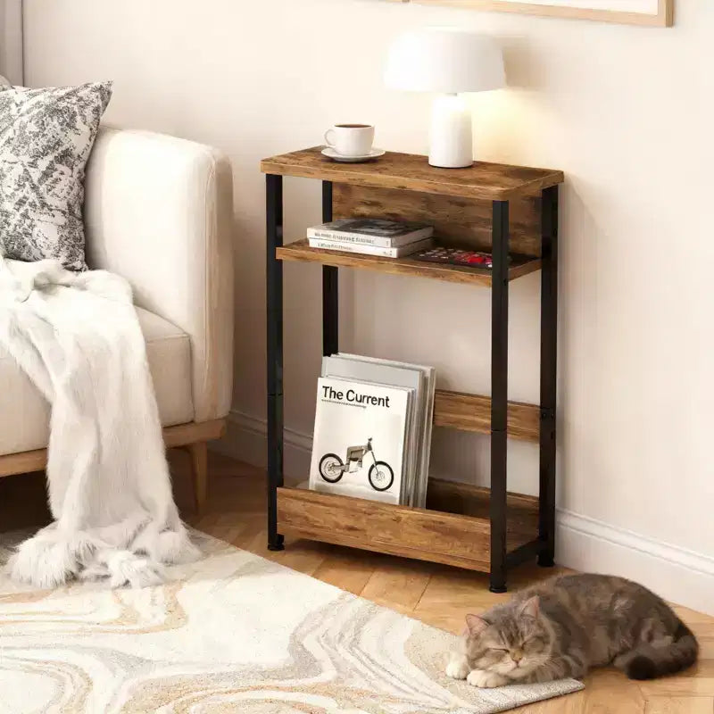Table d'appoint industrielle à 3 niveaux pour petits espaces, table d'appoint étroite en bois avec étagères de rangement, table de chevet fine