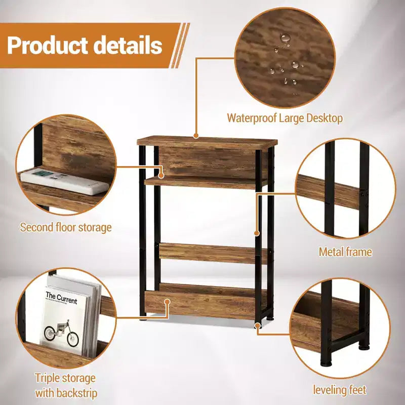 Table d'appoint industrielle à 3 niveaux pour petits espaces, table d'appoint étroite en bois avec étagères de rangement, table de chevet fine