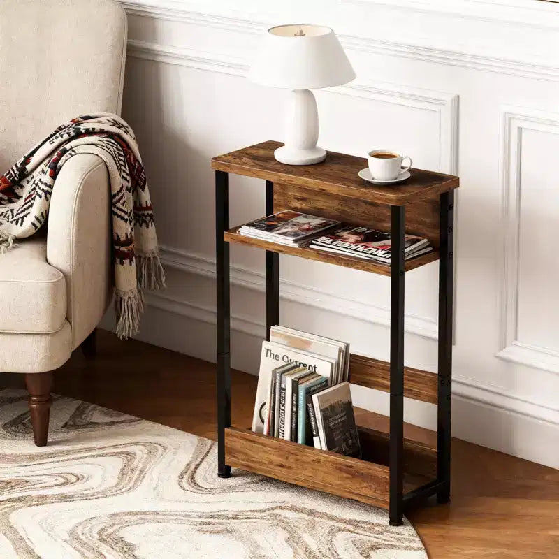 Table d'appoint industrielle à 3 niveaux pour petits espaces, table d'appoint étroite en bois avec étagères de rangement, table de chevet fine