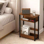Table d'appoint industrielle à 3 niveaux pour petits espaces, table d'appoint étroite en bois avec étagères de rangement, table de chevet fine