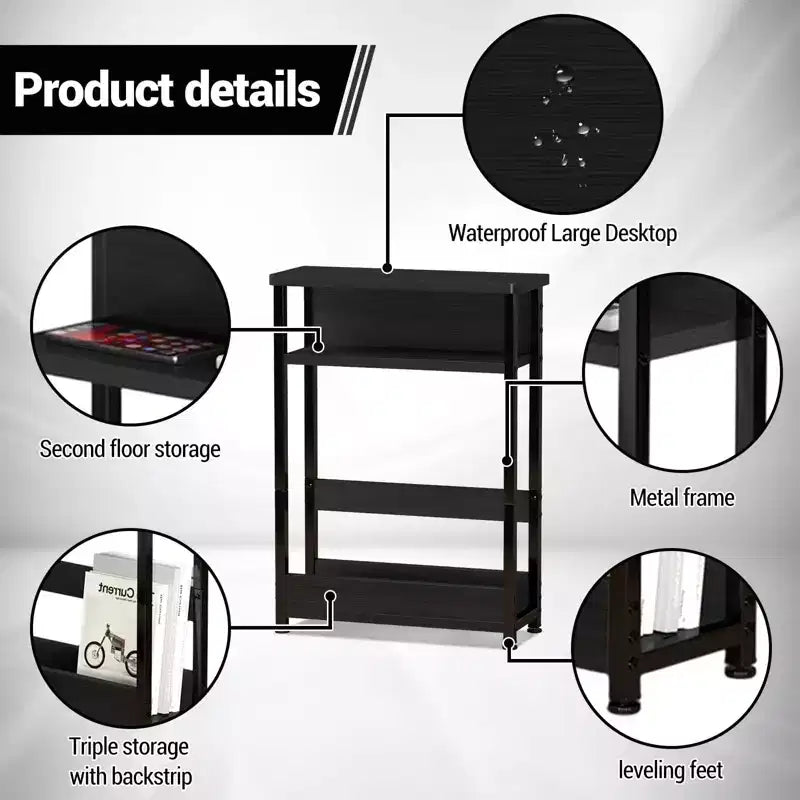 Table d'appoint industrielle à 3 niveaux pour petits espaces, table d'appoint étroite en bois avec étagères de rangement, table de chevet fine