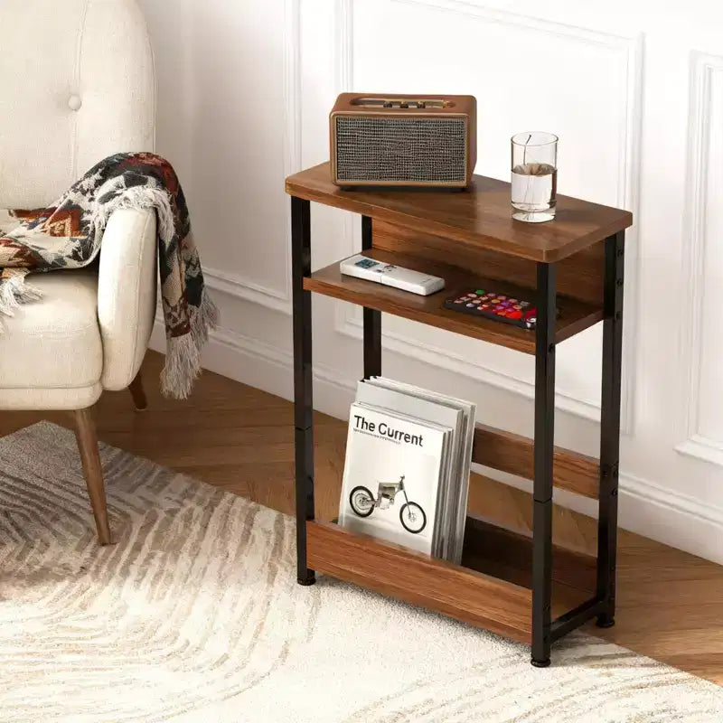 Table d'appoint industrielle à 3 niveaux pour petits espaces, table d'appoint étroite en bois avec étagères de rangement, table de chevet fine