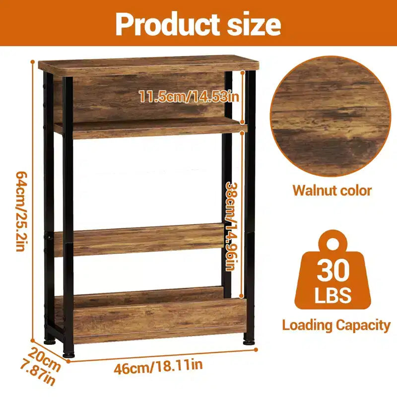 Table d'appoint industrielle à 3 niveaux pour petits espaces, table d'appoint étroite en bois avec étagères de rangement, table de chevet fine