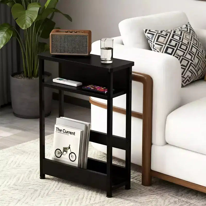 3 Tier Industrial Side Table for Small Spaces, Narrow Wood End Table with Storage Shelves, Slim Nightstand Bedside Furniture