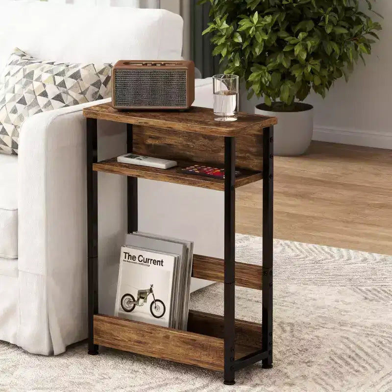 Table d'appoint industrielle à 3 niveaux pour petits espaces, table d'appoint étroite en bois avec étagères de rangement, table de chevet fine