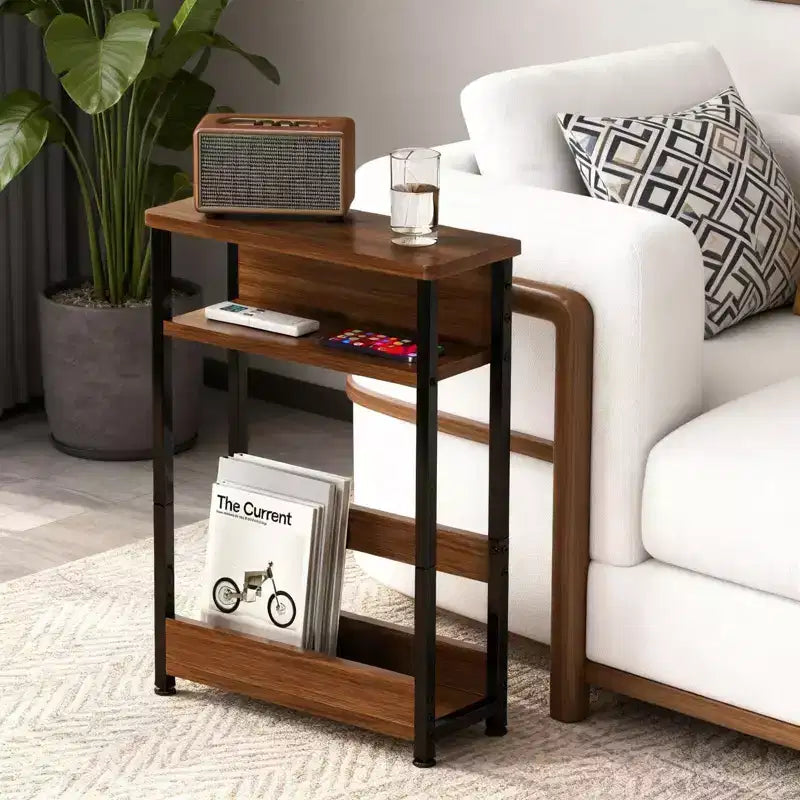 Table d'appoint industrielle à 3 niveaux pour petits espaces, table d'appoint étroite en bois avec étagères de rangement, table de chevet fine
