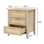 Comodino in Rattan, Comodino Boho con 3 Cassetti e Ripiano portaoggetti, Comodino con Robuste Gambe in Legno per Camera dei Bambini, Stile Rustico, Camera da Letto