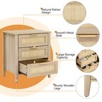 Comodino in Rattan, Comodino Boho con 3 Cassetti e Ripiano portaoggetti, Comodino con Robuste Gambe in Legno per Camera dei Bambini, Stile Rustico, Camera da Letto