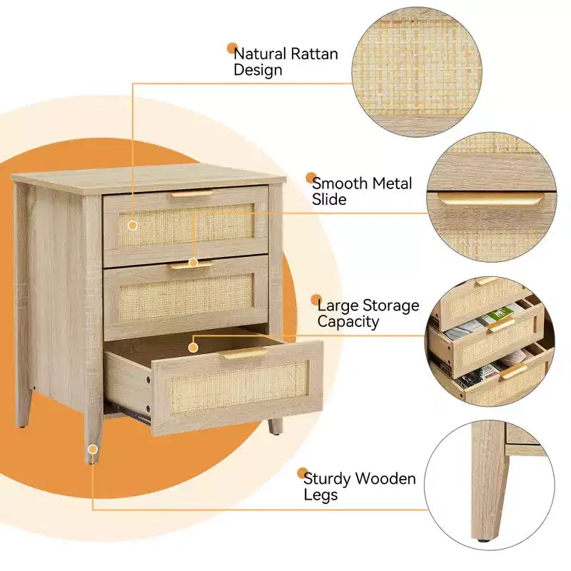 Comodino in Rattan, Comodino Boho con 3 Cassetti e Ripiano portaoggetti, Comodino con Robuste Gambe in Legno per Camera dei Bambini, Stile Rustico, Camera da Letto