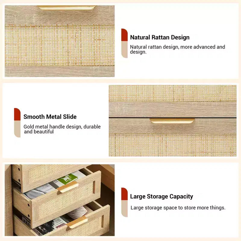Comodino in Rattan, Comodino Boho con 3 Cassetti e Ripiano portaoggetti, Comodino con Robuste Gambe in Legno per Camera dei Bambini, Stile Rustico, Camera da Letto