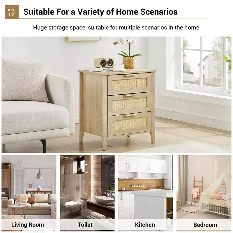 Comodino in Rattan, Comodino Boho con 3 Cassetti e Ripiano portaoggetti, Comodino con Robuste Gambe in Legno per Camera dei Bambini, Stile Rustico, Camera da Letto